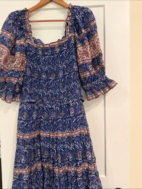 Sea New York Bohemian Smocked Midi Dress in Blue Floral
